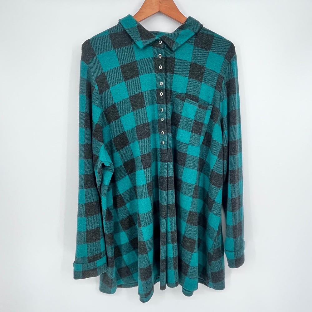Soft Surroundings Tunic Women 3X Teal Gray Buffalo Plaid Knit Casual Fall Winter